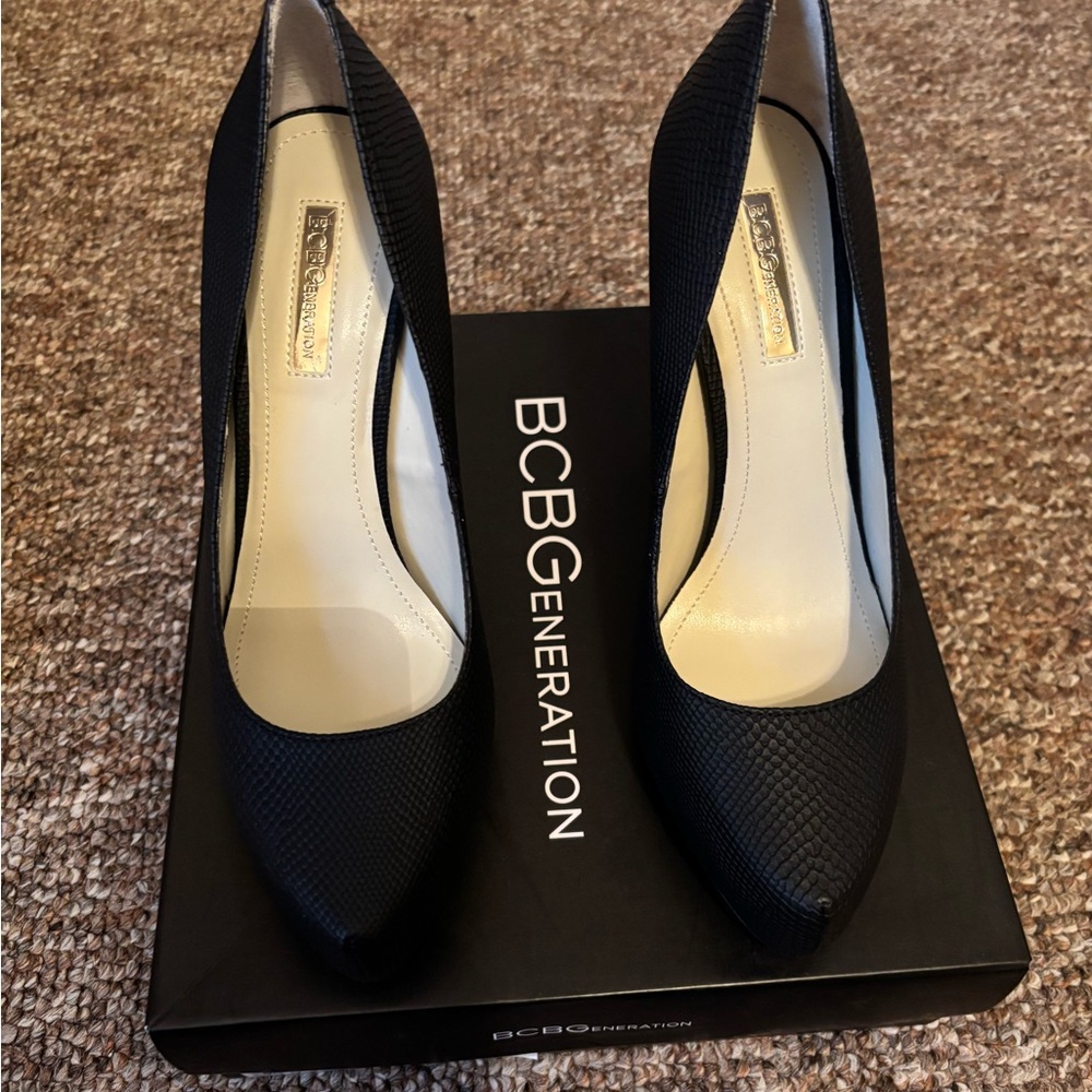 BCBGeneration Black Snakeskin Heels
